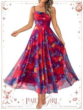 Women's Floral Maxi Dress Cowl Neck Sleeveless A-Line Summer Wedding Guest